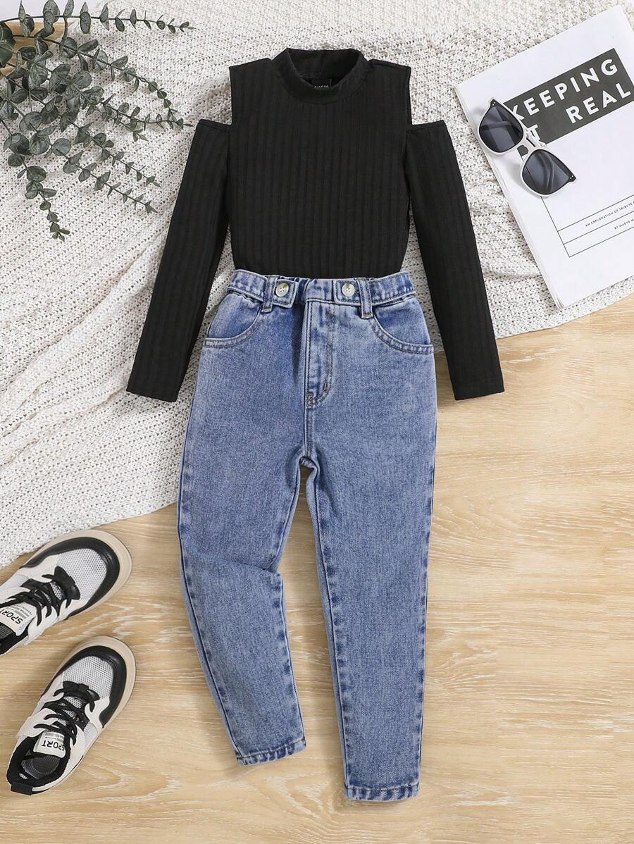 Young Girl Cold Shoulder Tee & Jeans - Multicolor - View 1