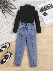 Young Girl Cold Shoulder Tee & Jeans - Multicolor - View 2