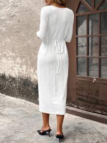 SHEIN Clasi Solid Cable Knit Dress - White - View 2