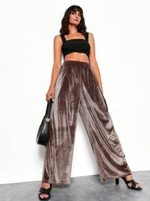 EURMUSE Velvet Wide Leg Pants - Coffee Brown - View 1
