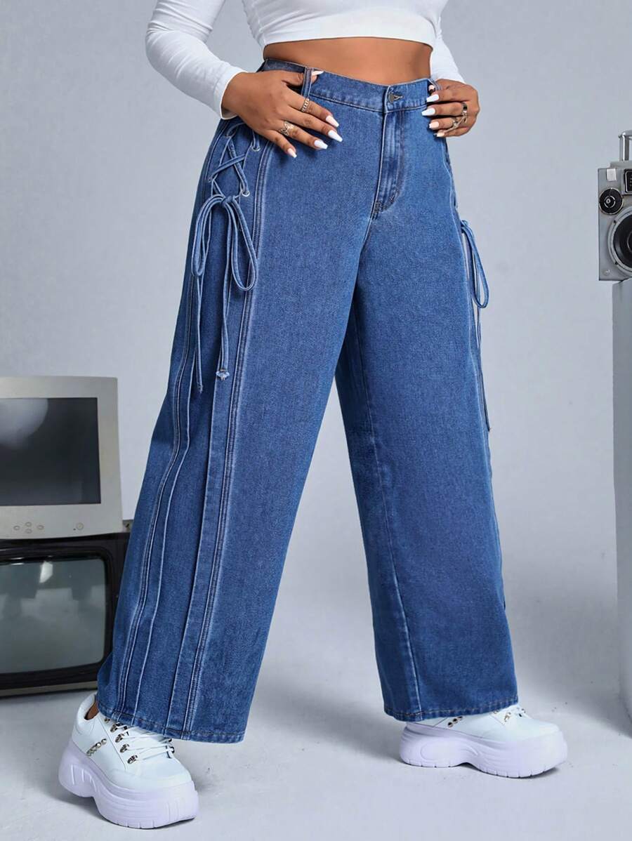SHEIN ICON Plus High Waist Wide Leg Jeans - Medium Wash - View 1