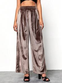 EURMUSE Velvet Wide Leg Pants - Coffee Brown - View 4