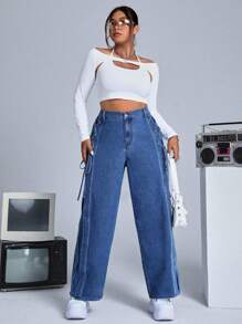 SHEIN ICON Plus High Waist Wide Leg Jeans - Medium Wash - View 3