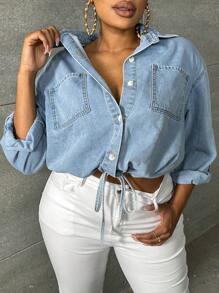 SHEIN SXY Talla grande Camisa mezclilla con doble bolsillo bajo con cordón - Lavado ligero - Ver 4
