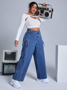 SHEIN ICON Plus High Waist Wide Leg Jeans - Medium Wash - View 4