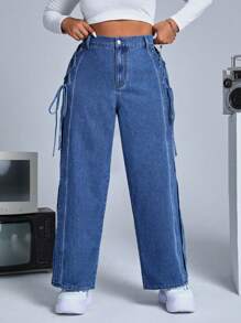 SHEIN ICON Plus High Waist Wide Leg Jeans - Medium Wash - View 5