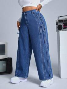 SHEIN ICON Plus High Waist Wide Leg Jeans - Medium Wash - View 6