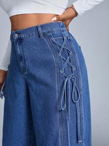 SHEIN ICON Plus High Waist Wide Leg Jeans - Medium Wash - View 7