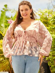 S BETRO Plus Áo kiểu peplum nút thắt phía trước Jacquard - Hồng - Xem 3