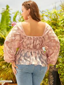 S BETRO Plus Áo kiểu peplum nút thắt phía trước Jacquard - Hồng - Xem 2