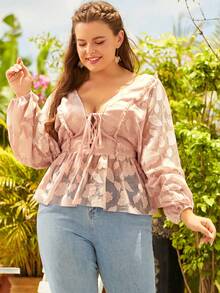 S BETRO Plus Áo kiểu peplum nút thắt phía trước Jacquard - Hồng - Xem 4