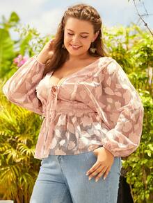 S BETRO Plus Áo kiểu peplum nút thắt phía trước Jacquard - Hồng - Xem 5