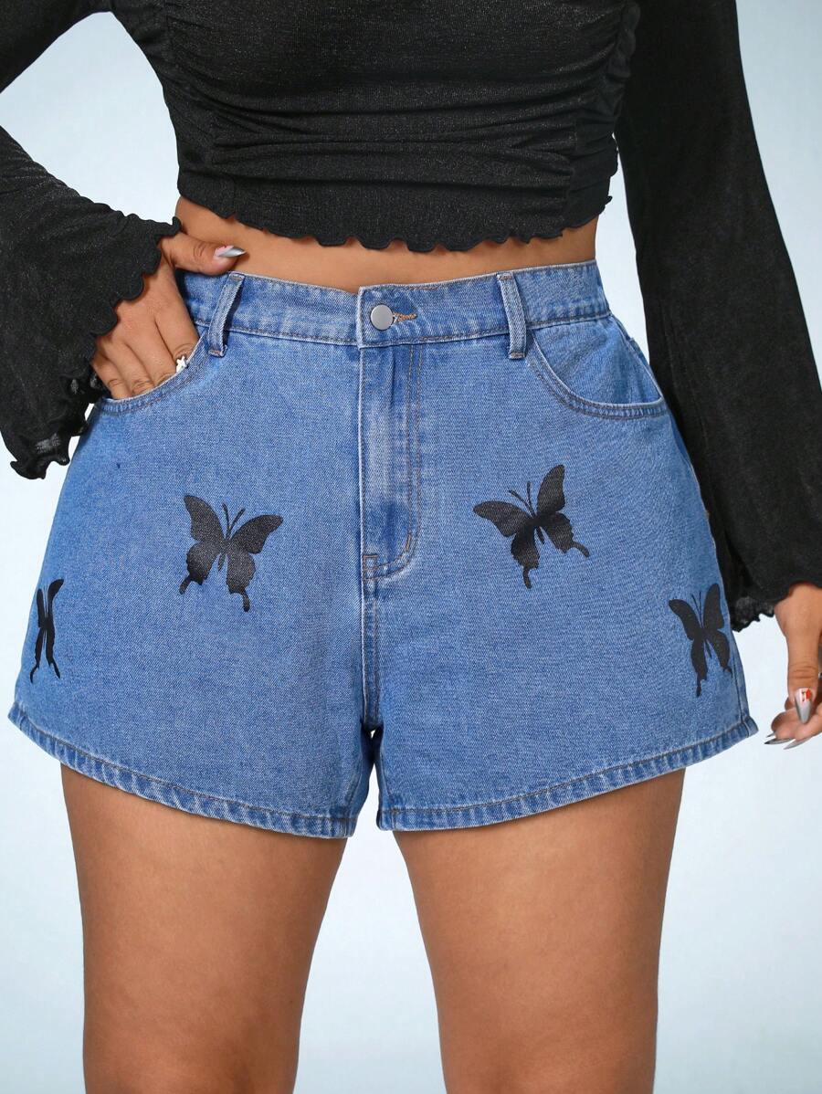 SHEIN ICON Plus Butterfly Print Denim Shorts - Medium Wash - View 1
