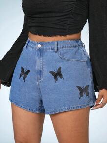 SHEIN ICON Plus Butterfly Print Denim Shorts - Medium Wash - View 4