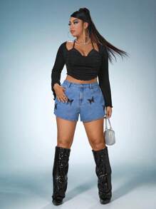 SHEIN ICON Plus Butterfly Print Denim Shorts - Medium Wash - View 5