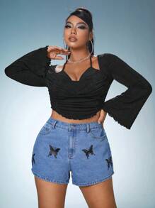 SHEIN ICON Plus Butterfly Print Denim Shorts - Medium Wash - View 6