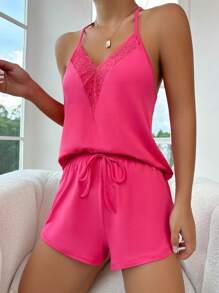 对比色蕾丝挂脖睡衣套装/睡衣套装 - 玫紅色 - 查看 1