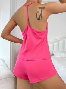 对比色蕾丝挂脖睡衣套装/睡衣套装 - 玫紅色 - 查看 2