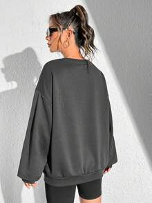 SHEIN EZwear Women's Loose Fit Crew Neck Sweatshirt With Racecar Print, European And American Style - Dark Grey - View 6