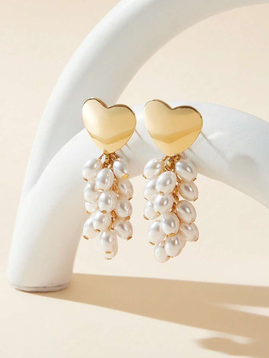 SHEIN Belle 1 đôi Cá nhân hóa Đúng mốt Kết cườm Tua Tim Dangle Hoa tai - trắng - Xem 1