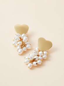 SHEIN Belle 1 đôi Cá nhân hóa Đúng mốt Kết cườm Tua Tim Dangle Hoa tai - trắng - Xem 4