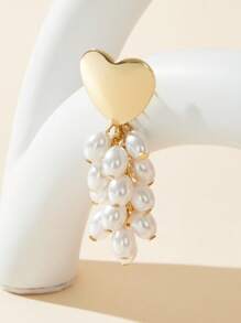 SHEIN Belle 1 đôi Cá nhân hóa Đúng mốt Kết cườm Tua Tim Dangle Hoa tai - trắng - Xem 3