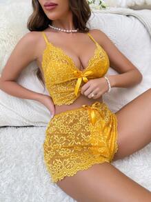 Bow Front Lace Cami Top & Shorts PJ Set Bow Tie - Yellow - View 6
