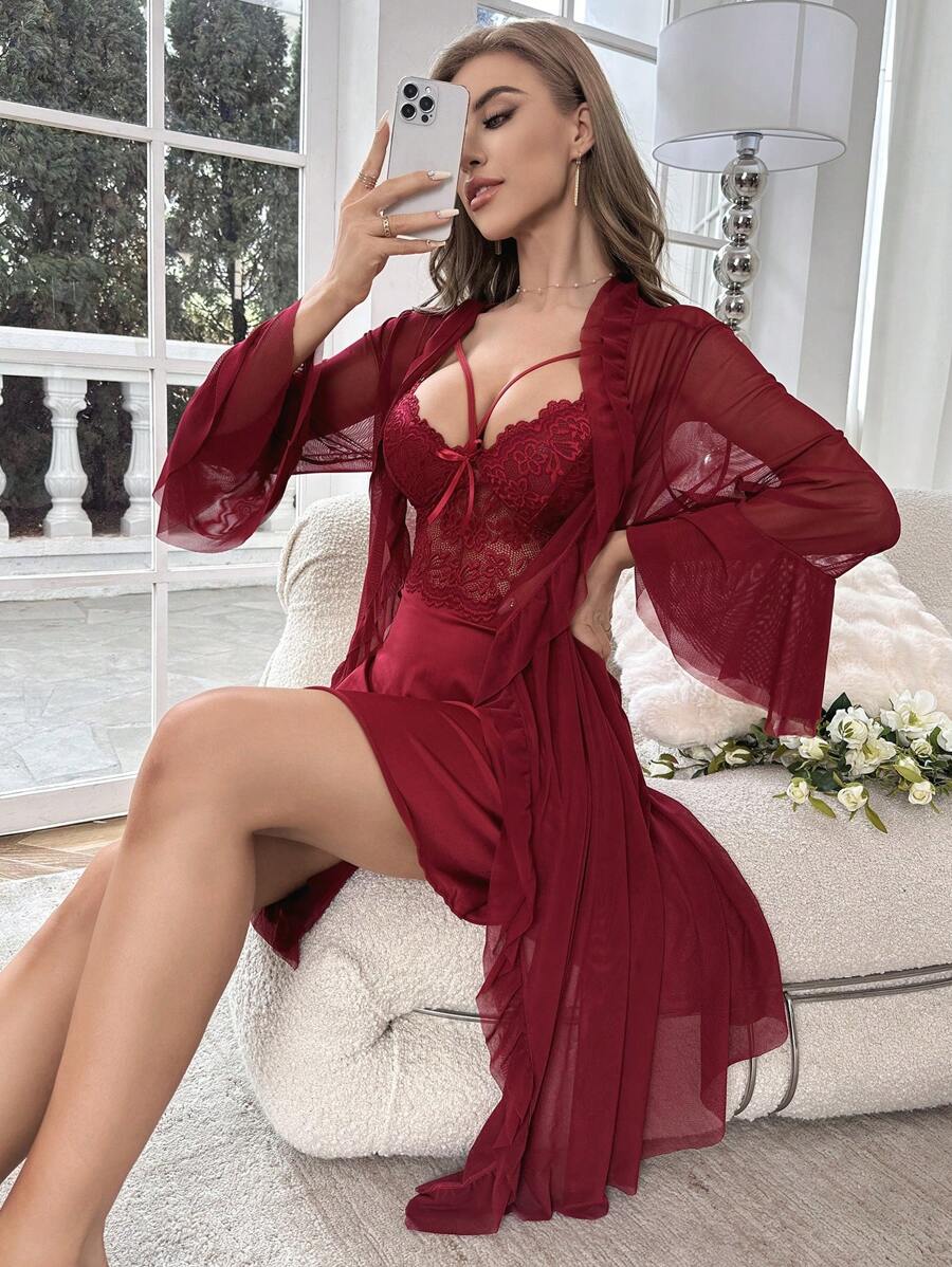 Contrast Lace Flounce Sleeve Mesh Robe & Cami Dress PJ Set / Pajama Set - Burgundy - View 1