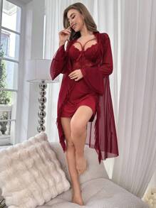 Contrast Lace Flounce Sleeve Mesh Robe & Cami Dress PJ Set / Pajama Set - Burgundy - View 5