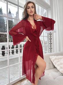 Contrast Lace Flounce Sleeve Mesh Robe & Cami Dress PJ Set / Pajama Set - Burgundy - View 6