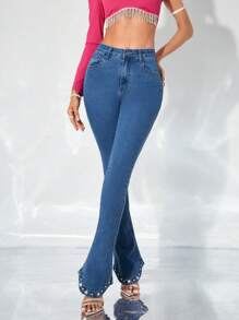 SHEIN BAE Rhinestone Detail Flare Leg Jeans - Dark Wash - View 1