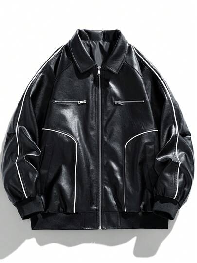 Herren Kontrast Paspel PU Lederjacke, für Herbst und Winter