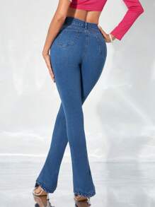 SHEIN BAE Rhinestone Detail Flare Leg Jeans - Dark Wash - View 2