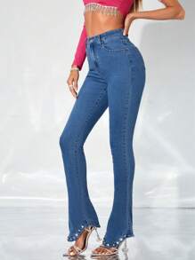SHEIN BAE Rhinestone Detail Flare Leg Jeans - Dark Wash - View 3