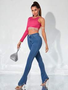 SHEIN BAE Rhinestone Detail Flare Leg Jeans - Dark Wash - View 4