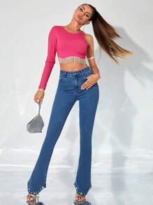 SHEIN BAE Rhinestone Detail Flare Leg Jeans - Dark Wash - View 5