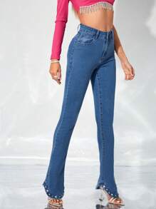 SHEIN BAE Rhinestone Detail Flare Leg Jeans - Dark Wash - View 6
