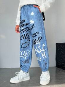 SHEIN 女大童標語圖案彈性腰帶長褲 - 藍色 - 查看 1