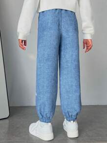 SHEIN 女大童標語圖案彈性腰帶長褲 - 藍色 - 查看 2