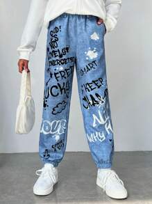 SHEIN 女大童標語圖案彈性腰帶長褲 - 藍色 - 查看 3