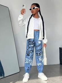 SHEIN 女大童標語圖案彈性腰帶長褲 - 藍色 - 查看 4