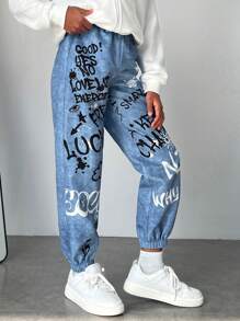 SHEIN 女大童標語圖案彈性腰帶長褲 - 藍色 - 查看 5