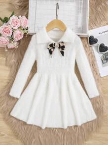 SHEIN Cô Gái Trẻ Nơ mặt trước lông tơ Đầm Áo len - trắng - Xem 1