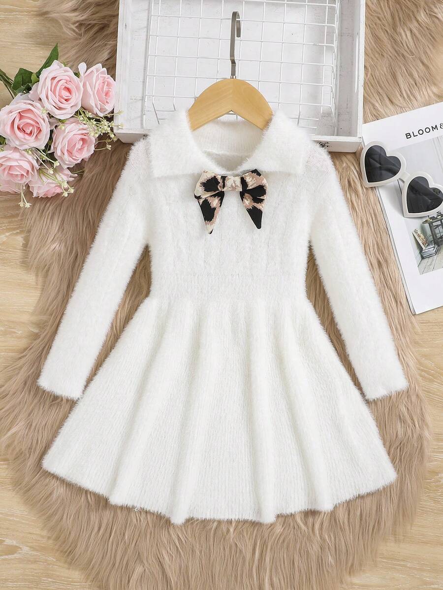 SHEIN Cô Gái Trẻ Nơ mặt trước lông tơ Đầm Áo len - trắng - Xem 1