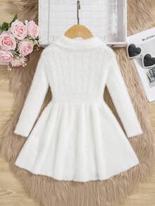 SHEIN Cô Gái Trẻ Nơ mặt trước lông tơ Đầm Áo len - trắng - Xem 2