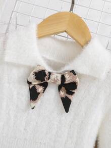 SHEIN Cô Gái Trẻ Nơ mặt trước lông tơ Đầm Áo len - trắng - Xem 3