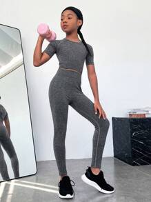 Chica preadolescente Leggings con camiseta deportiva unicolor con estiramiento alto - Gris Oscuro - Ver 1
