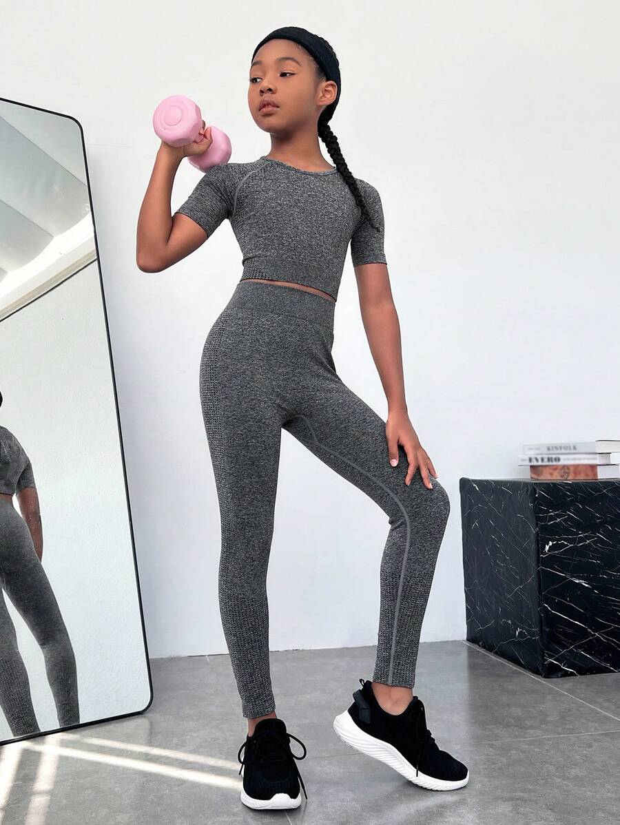 Chica preadolescente Leggings con camiseta deportiva unicolor con estiramiento alto - Gris Oscuro - Ver 1