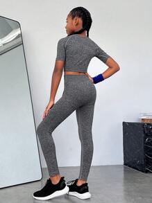 Chica preadolescente Leggings con camiseta deportiva unicolor con estiramiento alto - Gris Oscuro - Ver 2