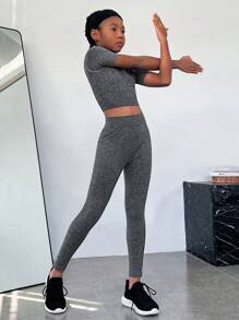 Chica preadolescente Leggings con camiseta deportiva unicolor con estiramiento alto - Gris Oscuro - Ver 3
